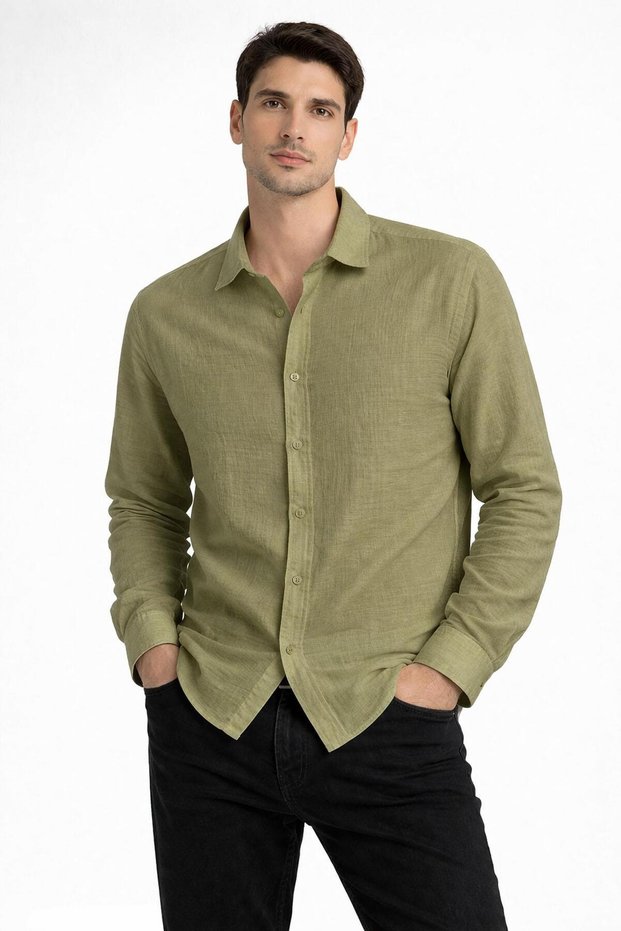 Huffa Men's Cotton Regular Loose Long Sleeve Shirt 7585