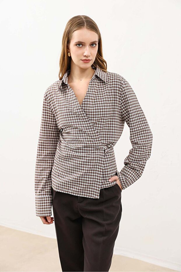 Brown Double-Breasted Plaid Women's Shirt