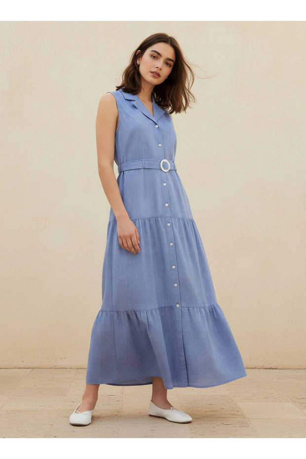 A-line Maxi Chambray Dress with Belt