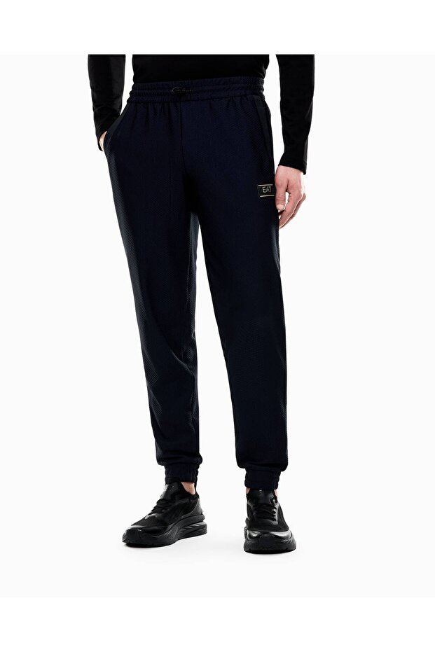 Men's Slim Fit Elastic Waist and Cuffs Flexible Technical Fabric Logo Label Navy Blue Sweatpants