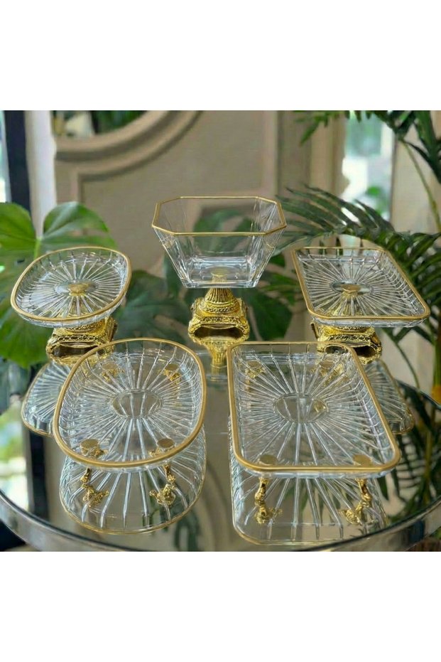 New Gold Detailed Glass 5-Piece Coffee Presentation Set – Turkish Delight Bowl, Chocolate Bowl, Presentation Bowl Promise Engagement