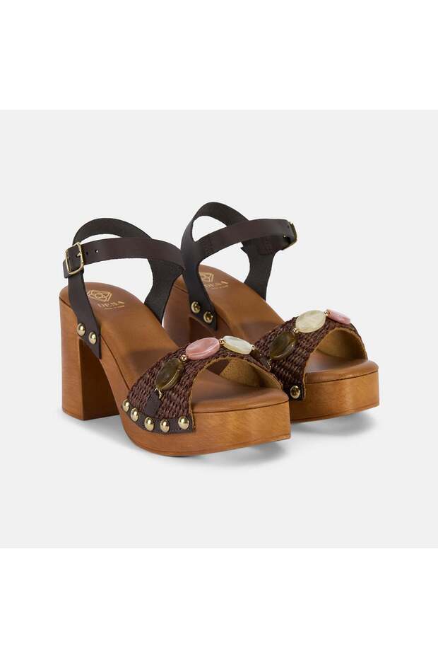 Women's Brown Stone Detailed Heeled Straw Sandals
