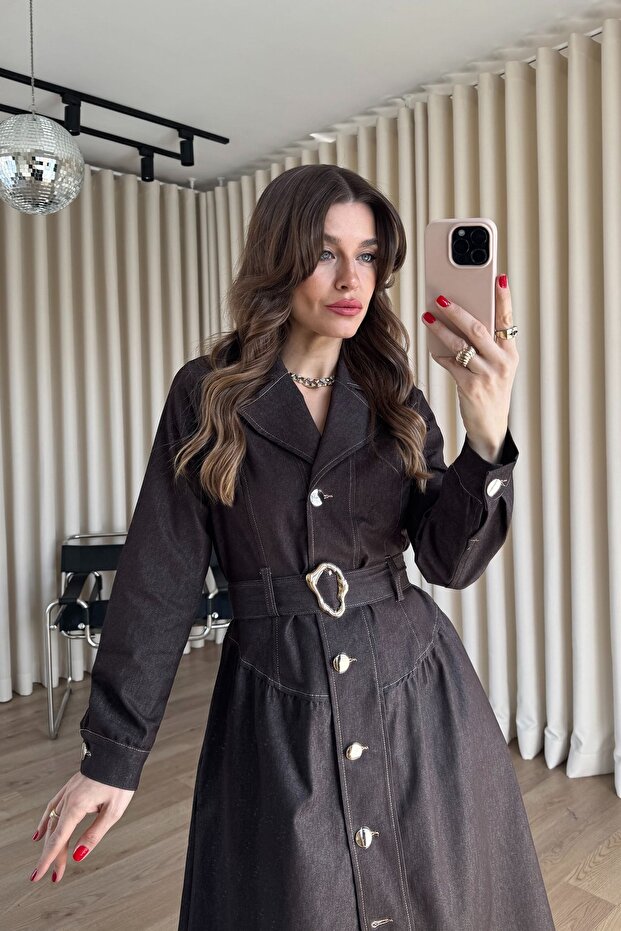 Brown Stitching Detailed Pleated Belted Double Breasted Collared Denim Shirt Dress