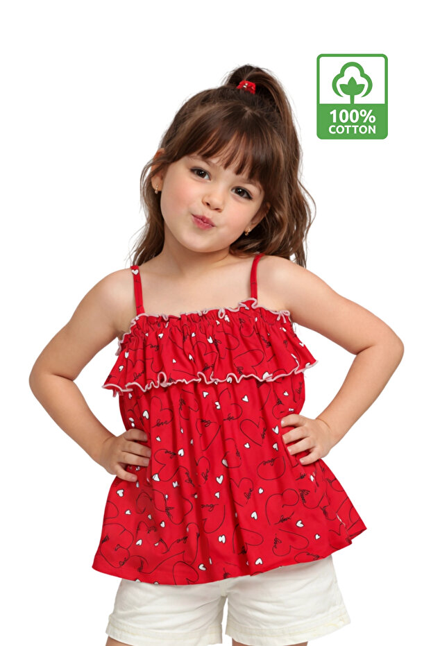 Girl's Heart Patterned Strap Top - 100% Cotton Rope Strap Heart Patterned Ruffled Red Blouse