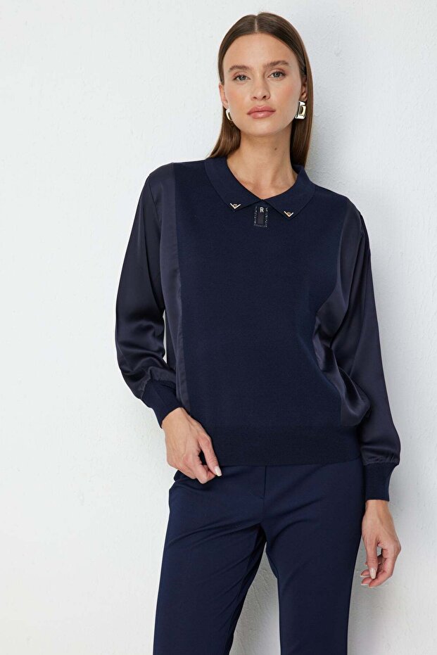 Mixed Fabric Collared Blouse - 3