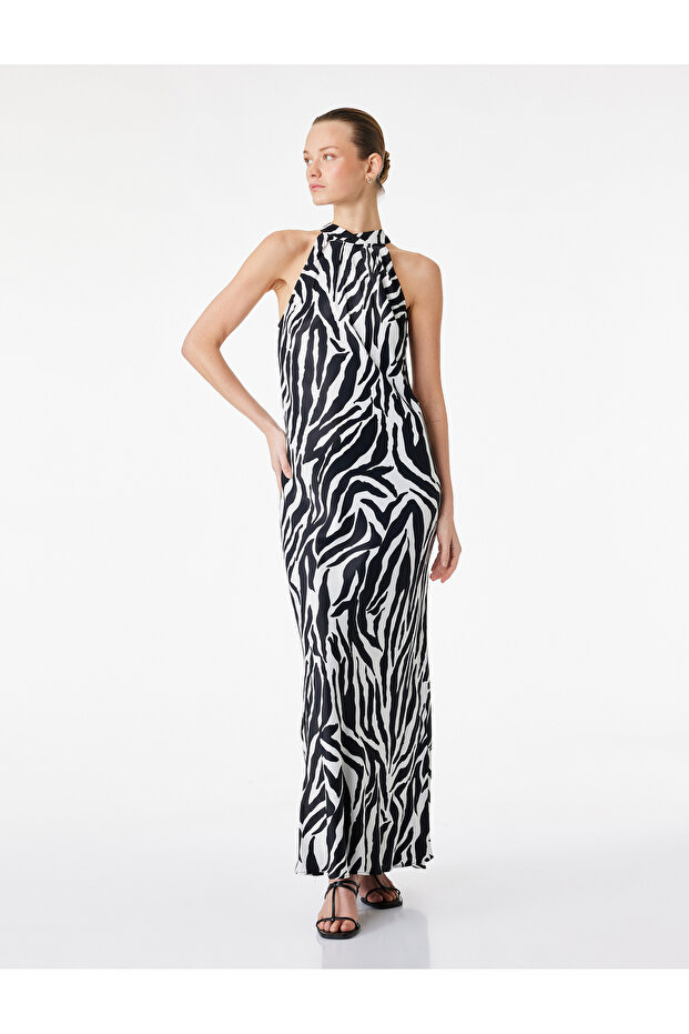 Zebra Patterned Halter Neck Maxi Dress - 1