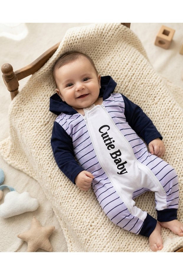 Cozy Stripes & Zip-Up Comfort: "Cutie Baby" Hooded Baby Romper