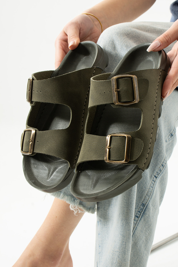 Khaki Summer Women's Double Buckle Soft and Comfortable Slippers