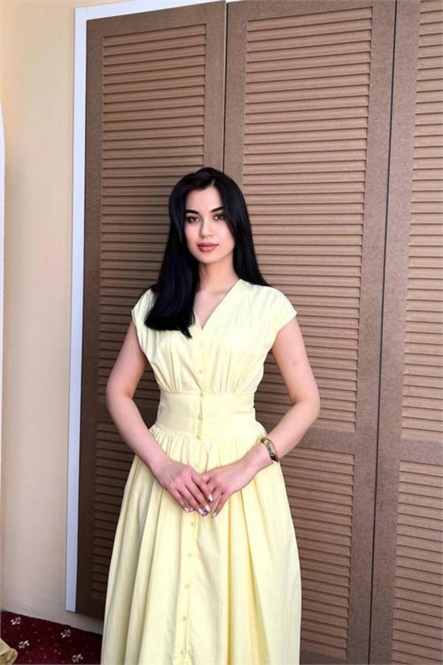 Women's Yellow Feminine Cut Waist Detailed Buttoned Midi Length Dress Nbmy3924