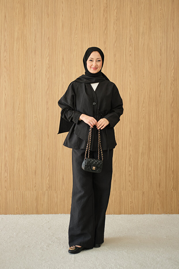 Women's Hidden Button Detail V-Neck Suit Black