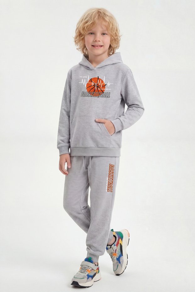 Kangaroo Pocket Hooded Basketball Print Detailed Boys' Tracksuit Set