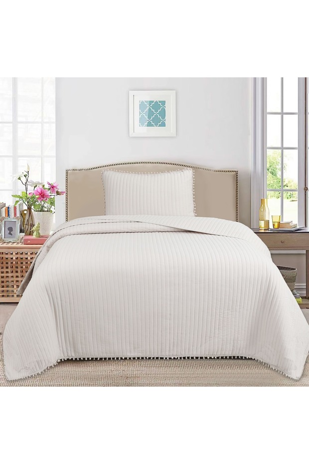 Melody Single Bedspread Set 180X240Cm - with Flounce and Pillows, 100% Polyester, Modern Beige