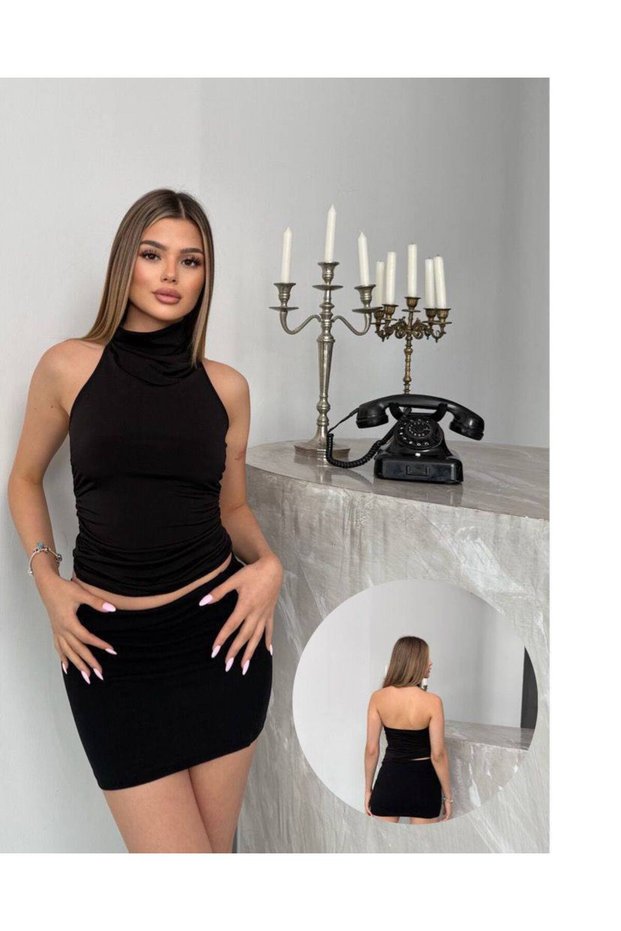 Women's Black Halter Neck Open Back Sandy Fabric Blouse