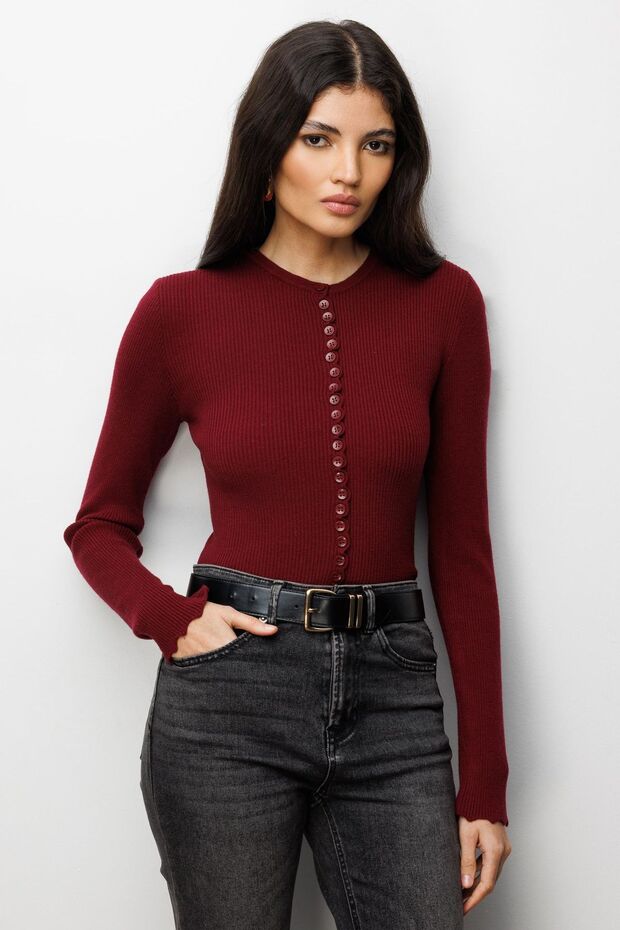 Mixray Corded Knitted Buttoned Cardigan
