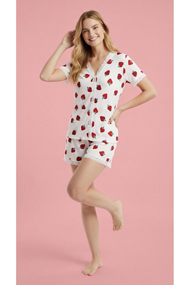 Women's Short Sleeve Lace Detailed Buttoned Wrinkled Shorts Pajama Set