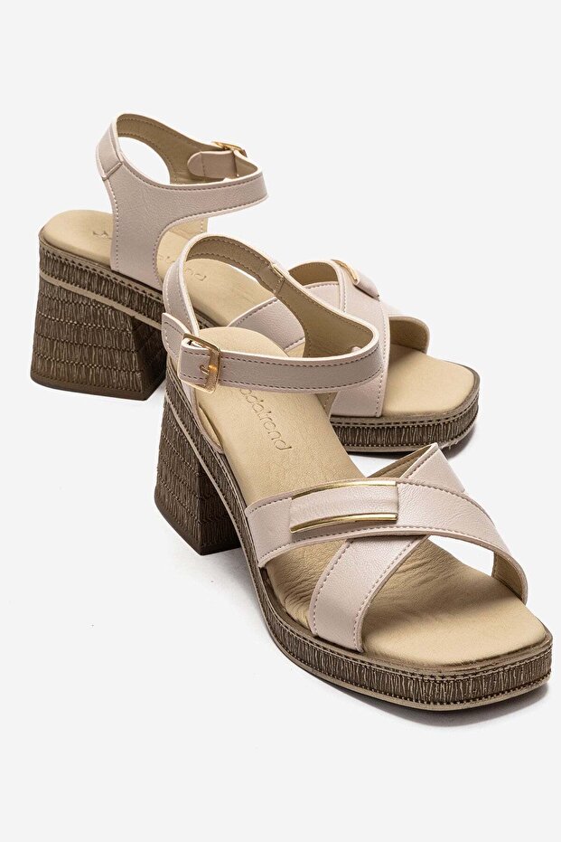 Women's Cross-Strapped Heeled Sandals Beige