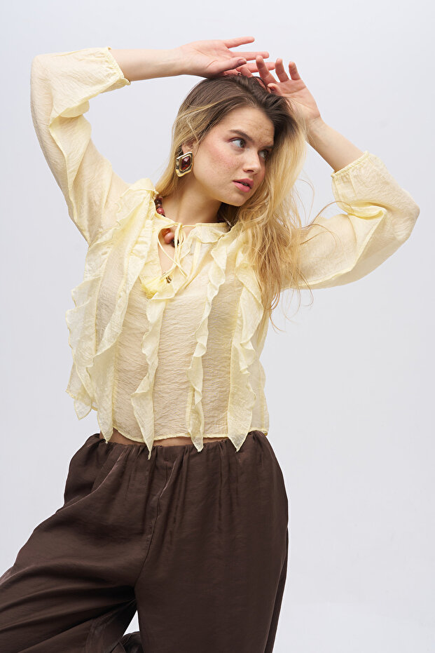 Women's Transparent Blouse with Adjustable Collar and Ruffle Detail