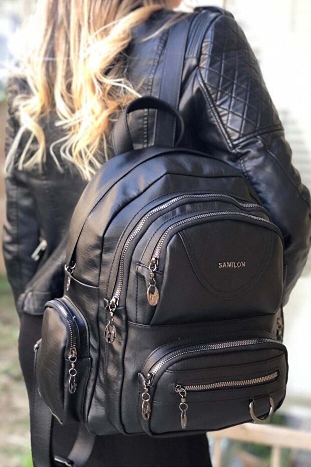 Black Multi-Pocket Washed Leather Backpack - 2