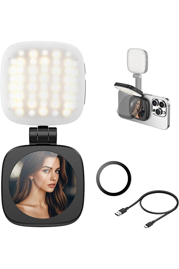 K04 Magnetic Selfie Flip Mirror with LED Fill Light for iPhone MagSafe & Android