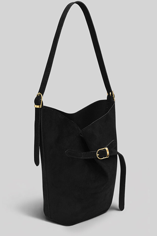 Luna Suede Black Bucket Shoulder Bag - Adjustable Shoulder Strap, Gold Accessories