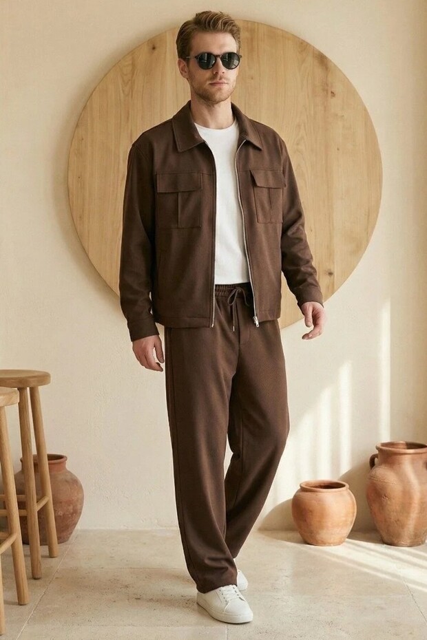 Men's Diagonel Fabric Lined Seasonal Thin Jacket & Baggy Trousers Coffee Bottom Top Set Ls-0974