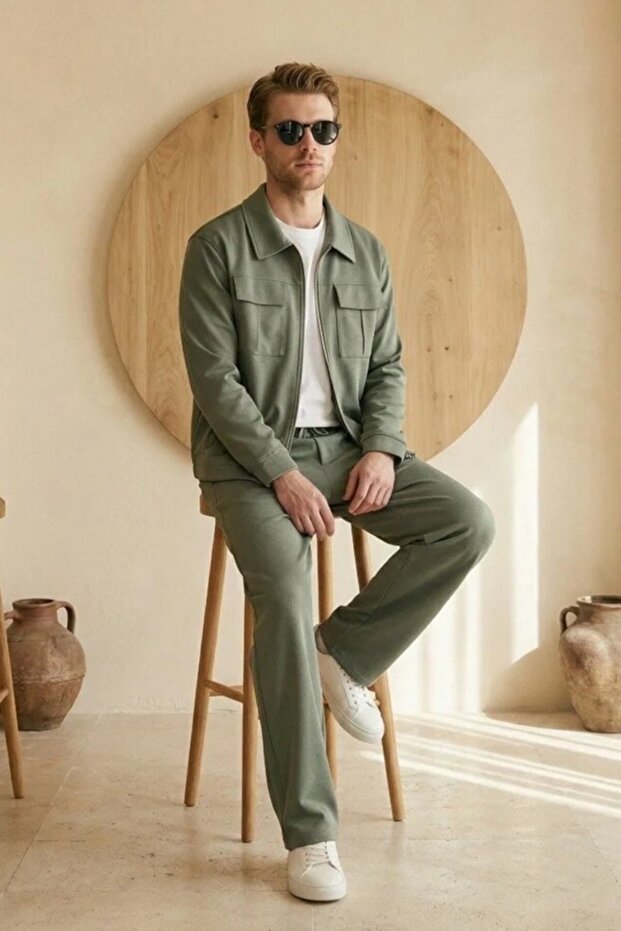 Men's Diagonel Fabric Lined Seasonal Thin Jacket & Baggy Trousers Khaki Bottom-Top Set Ls-0974