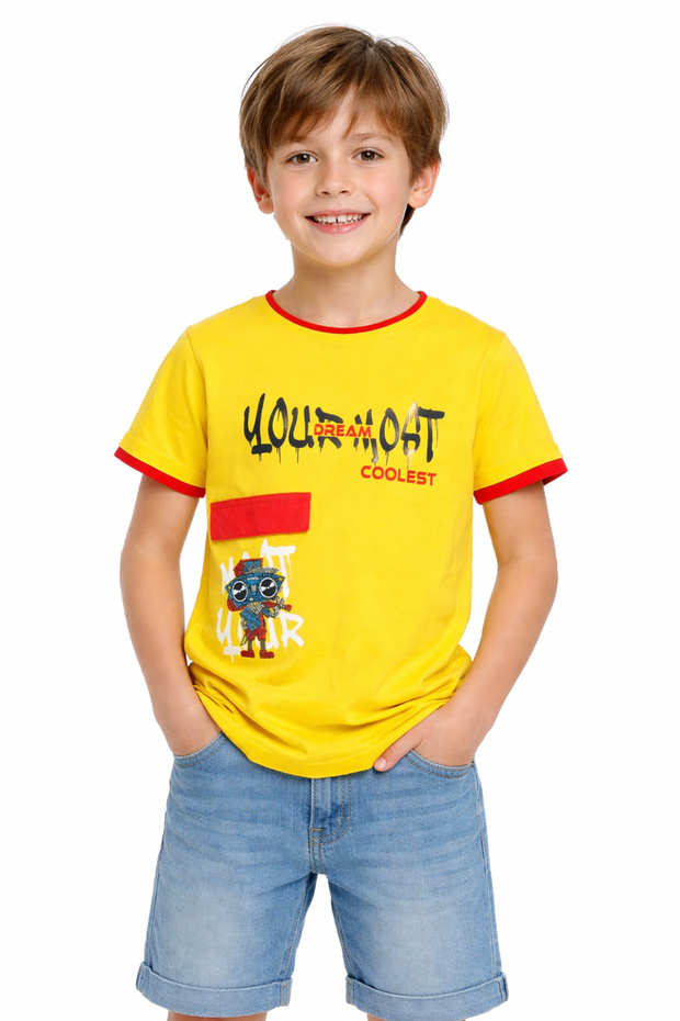 Boy's Yellow Color Short Sleeve T-Shirt with Your Most Written Text on the Front and Picture Pattern on the Back