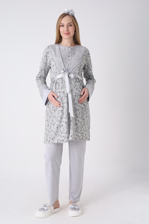 Floral Patterned Maternity Dressing Gown & Pajama Set of 3 - Breastfeeding Compatible Set for Expecting Mothers