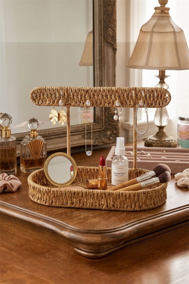 Lora Rattan 9193 Oval Organizer Basket with Hanger - Wicker Jewelry Cup Decor Basket Organizer Jewelry Organizer
