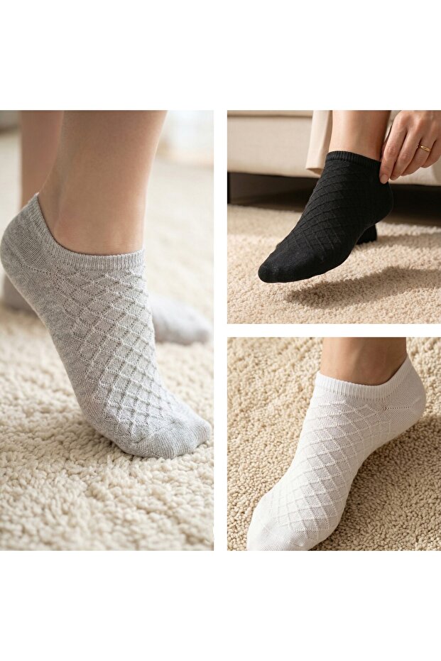 Set of 3 Patterned Textured Cotton Women's Ballerina Socks