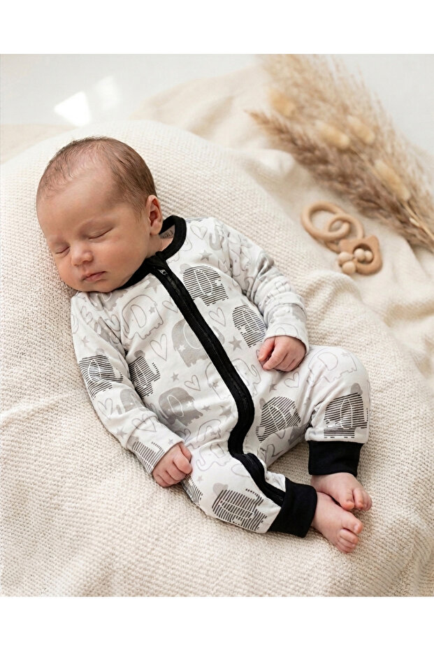 Playful Elephant & Heart Zip-Up Baby Romper