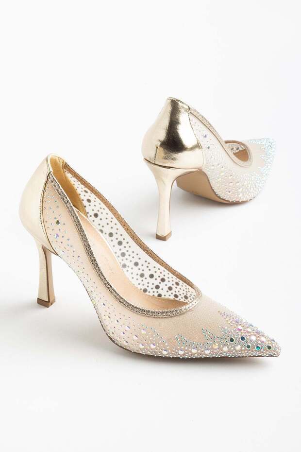 Women's Thin Heeled Evening Dress Shoes with Gold Mesh and Stone Embellishments
