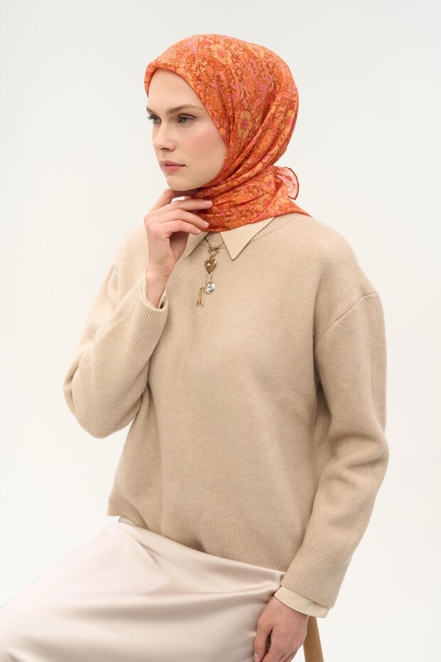 Eșarfă Tencel Monare cu model margarete, portocaliu închis 90X90 - 1