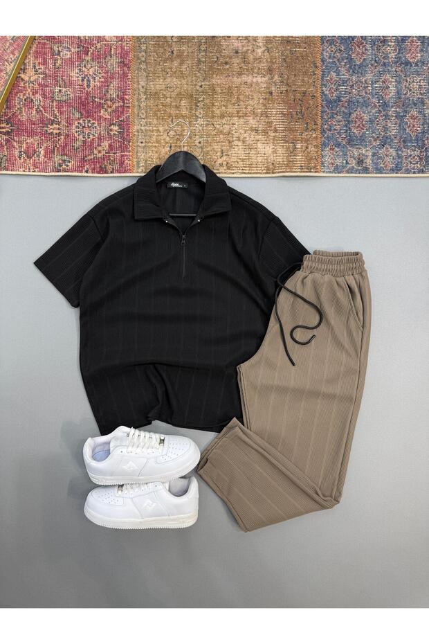 Raporlu Ottoman Brown Half-Zip Tshirt - White Pants Set