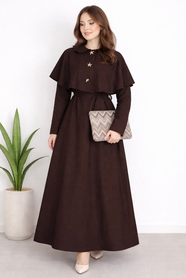 Women's Detachable Cape Detailed Gold Button Dress Sb0013