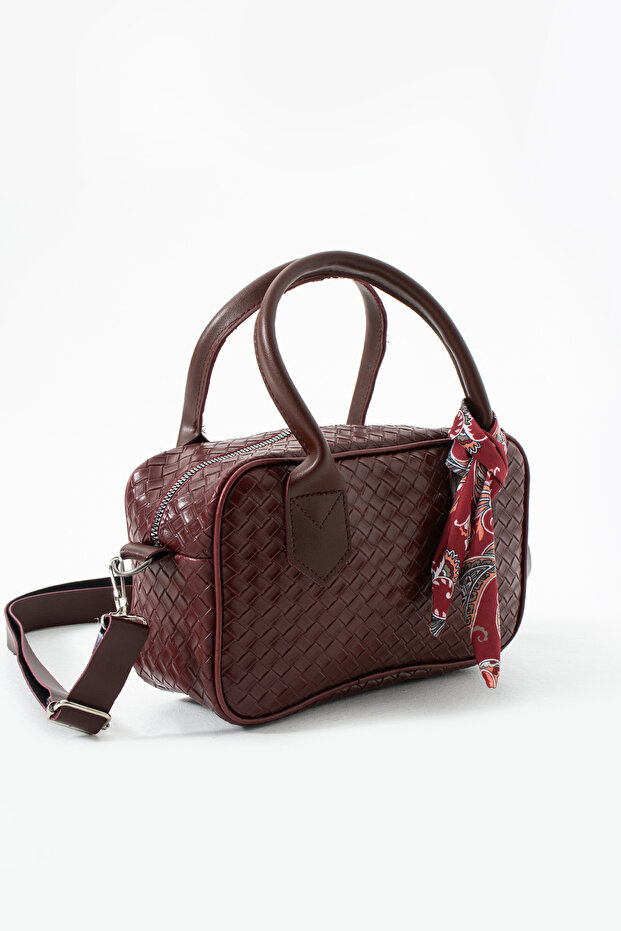 Women's Burgundy Knitted Patterned Scarf Detailed Hand and Shoulder Women's Bag