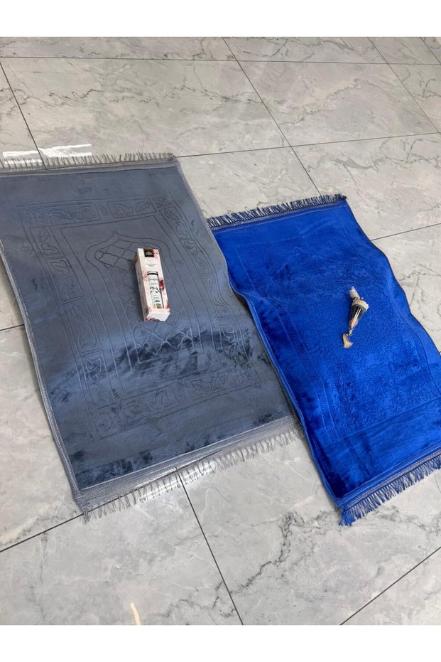 2-Piece Orthopedic Prayer Rug Set Gray-Blue (Tasbih & Zikirmatik + 400ml Room Fragrance Gift!)