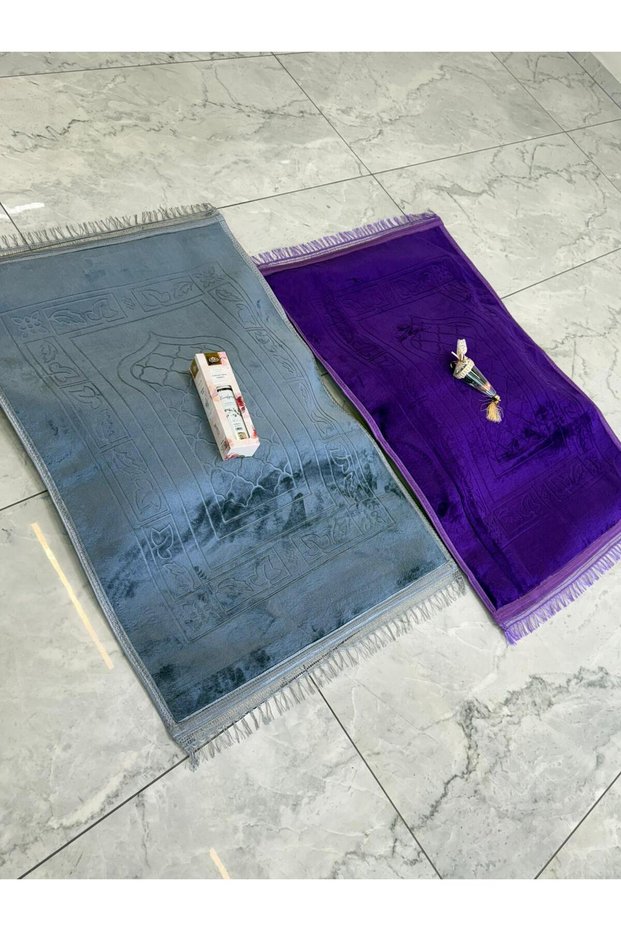 2-Piece Orthopedic Prayer Rug Set Gray-Purple (Tasbih & Zikirmatik + 400ml Room Fragrance Gift!)