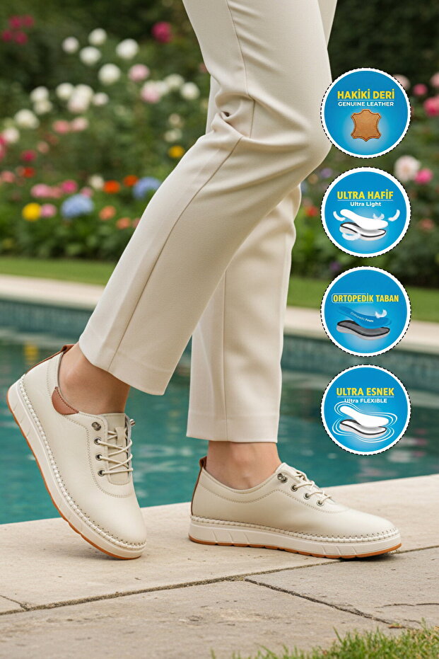 Beige Genuine Leather Orthopedic Flexible Lightweight Women's Casual Shoes 3030 Z