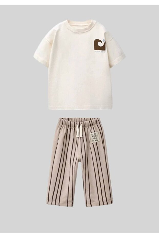 Ecru Printed Kids T-Shirt - Top and Bottom Set with Striped Pants