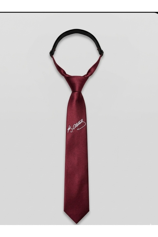 Ataturk Signed Burgundy Children's Satin Tie with Elastic for Ages 3-8