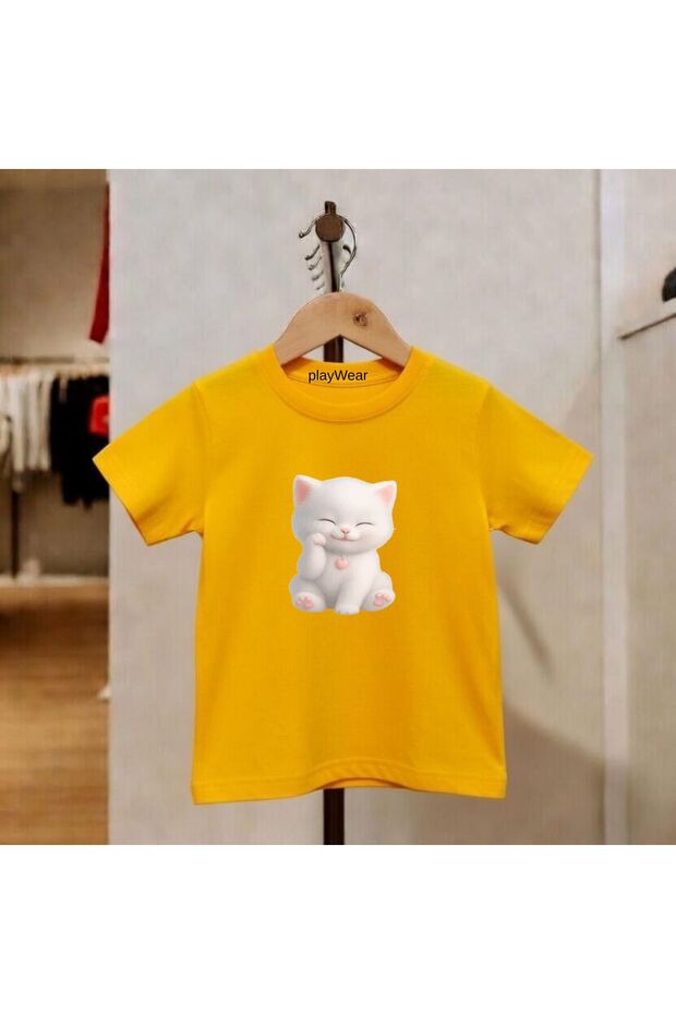 Pink Heart Pendant Cat Printed 100% Cotton Kids Unisex T-Shirt 5 6 -7 8-9 10 -11 12 Years Old