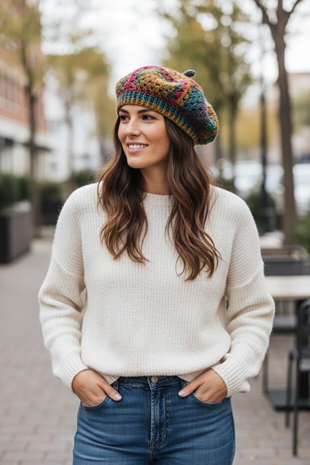 Knitted Bohemian Motif Color Gradient and Shimmering Painter's Beret, Hat