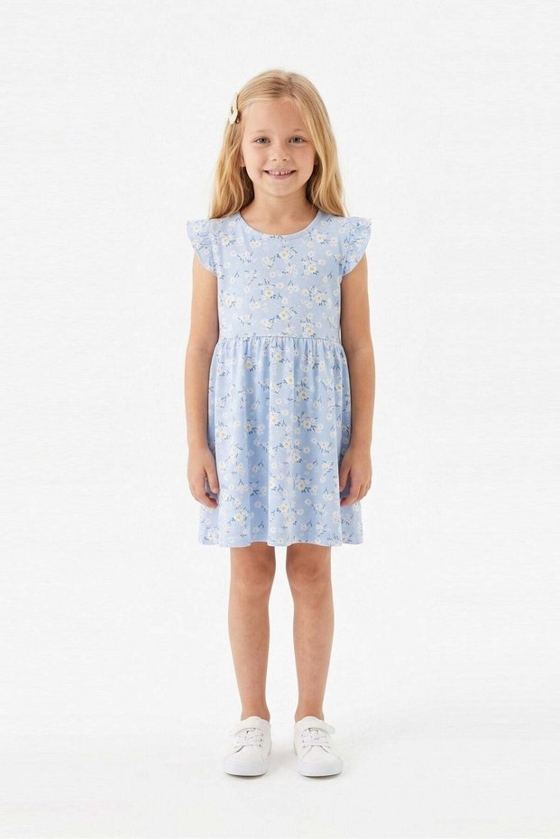 Blue Daisy Patterned Butterfly Sleeve Girls' Dress - 100% Cotton Summer Dress