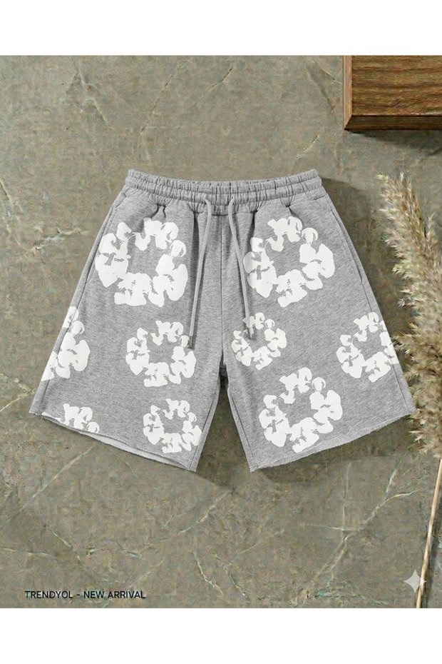 Oversize Gray Shorts - 3D Puff Puffy Floral Printed Cotton Shorts