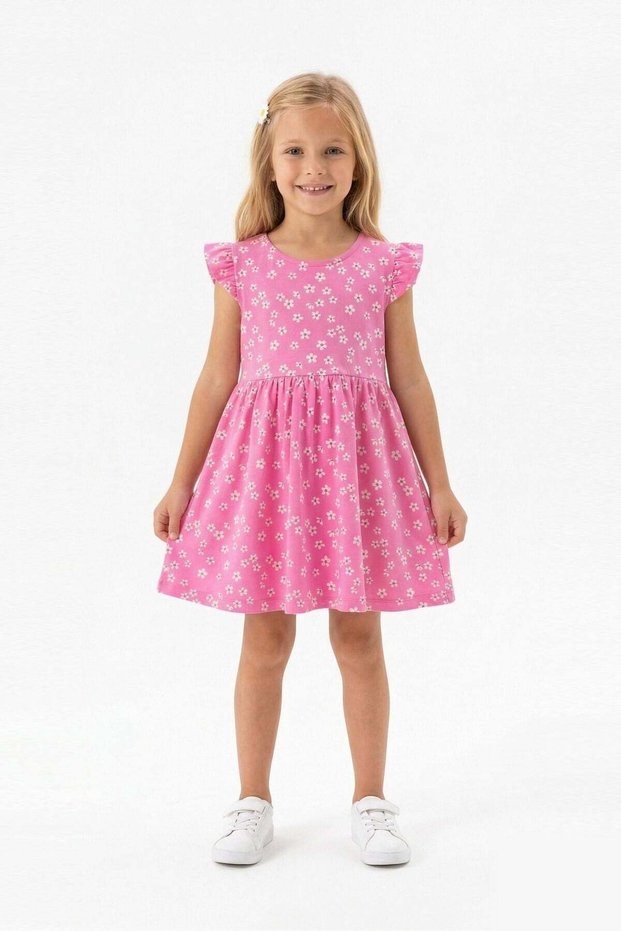 Floral Pattern Butterfly Sleeve Girls' Dress - 100% Cotton Summer Pink Dress