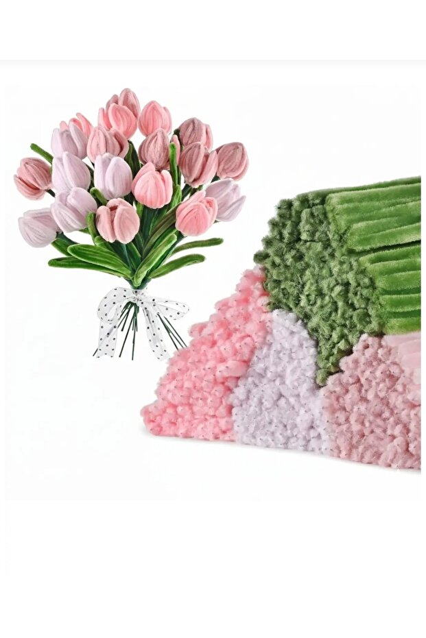 4 Color Flower Making Set – 100 Chenille Yarns (Powder Pink, Light Pink, Pastel Pink, Green)