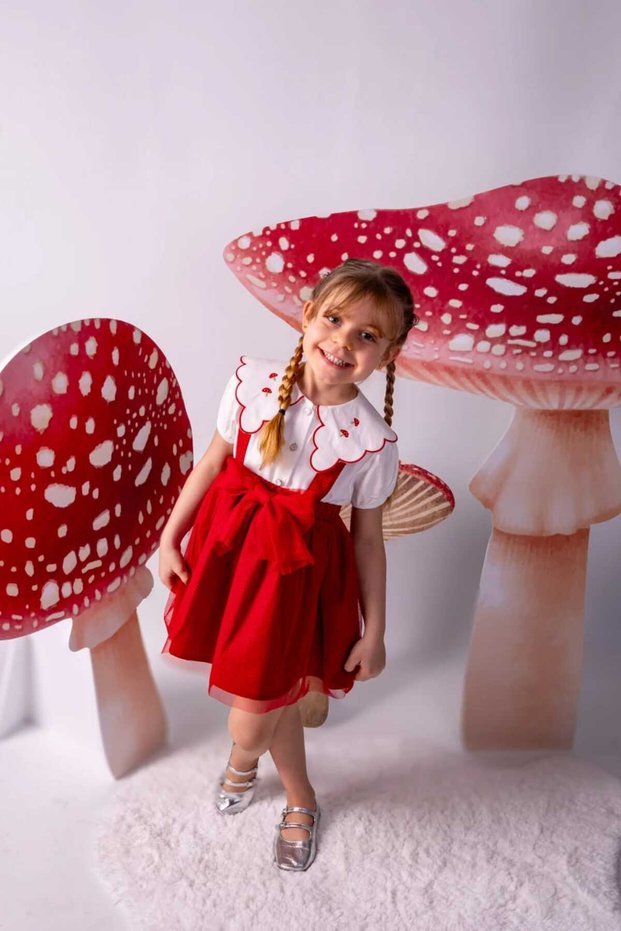 Mushroom Collar Embroidery Detailed Strap Tutu Skirt Two-Piece Girls' Set