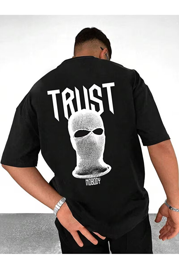 Trust Nobody Single Jersey T-Shirt - Black Printed Oversize Crew Neck T-Shirt