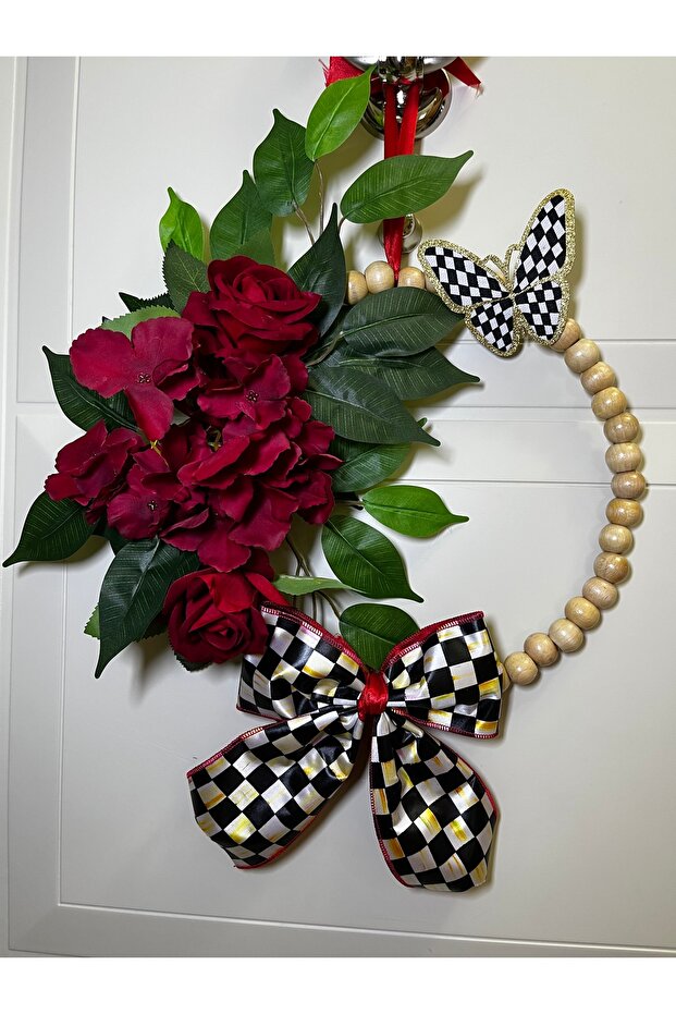 Wooden Beaded Checkered Ribbon Red Hydrangea Red Rose Door Ornament